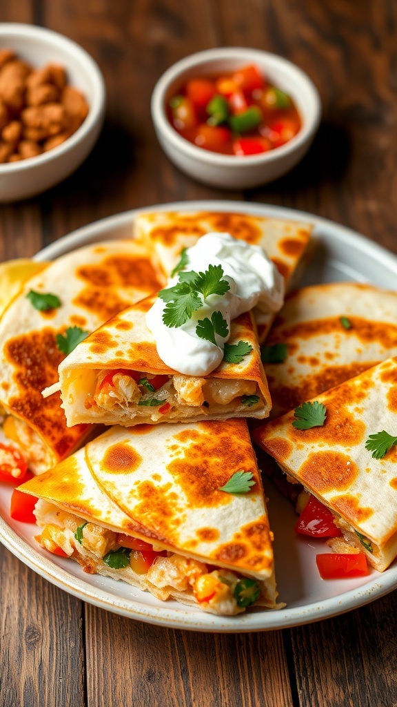 Golden-brown chicken fajita quesadillas filled with bell peppers and cheese, served with sour cream and salsa.